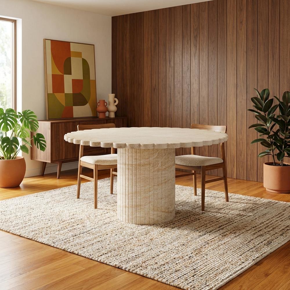 Washed Travertine Round Dining Table, Indoor Outdoor, Seats 6