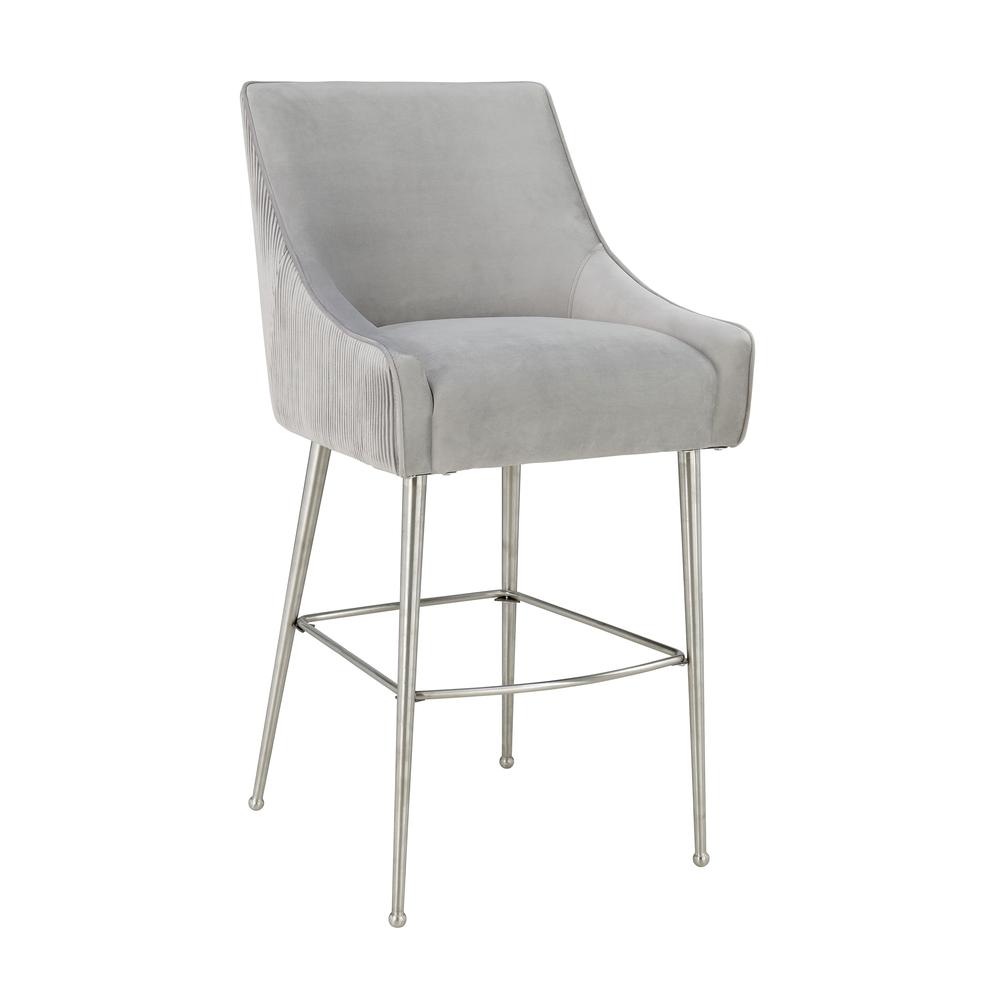 Beatrix Pleated Light Grey Velvet Bar Stool
