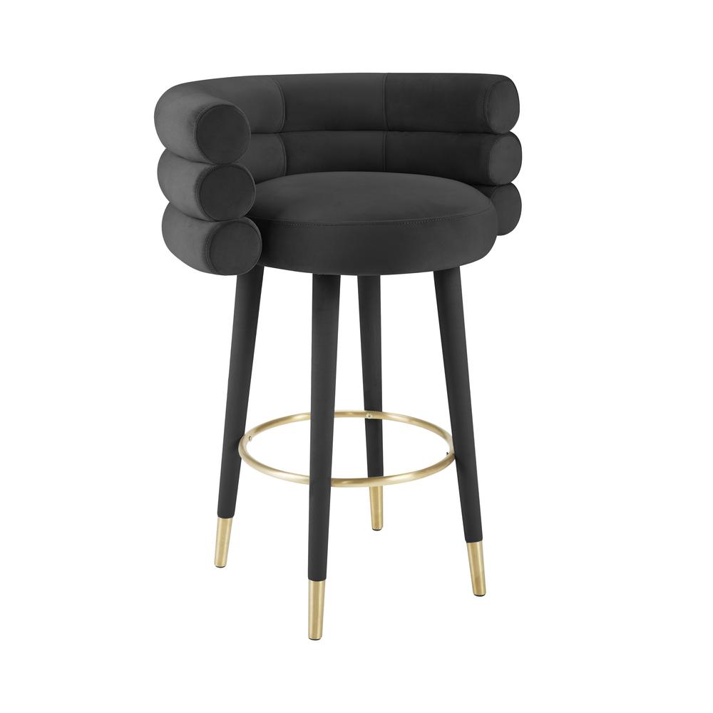 Black velvet barstool with gold metal legs, modern design, 36.6-inch height