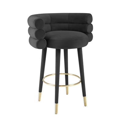 Black velvet barstool with gold metal legs, modern design, 36.6-inch height