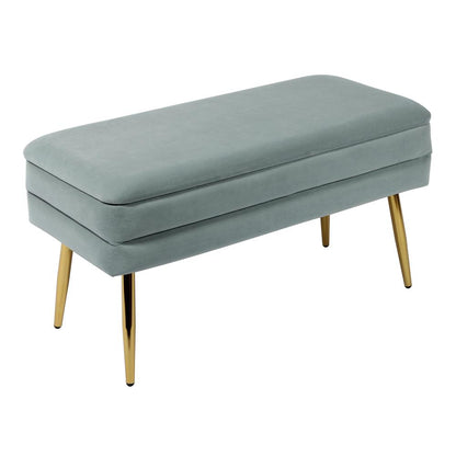 Sea Blue Velvet Storage Bench with Gold Leg Detailing for Living Room