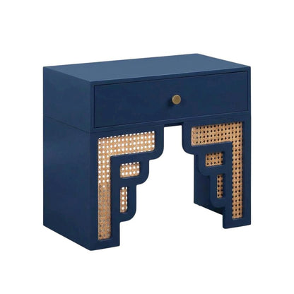 Navy & Rattan Nightstand with Soft-Close Drawers and Elegant Leg Design