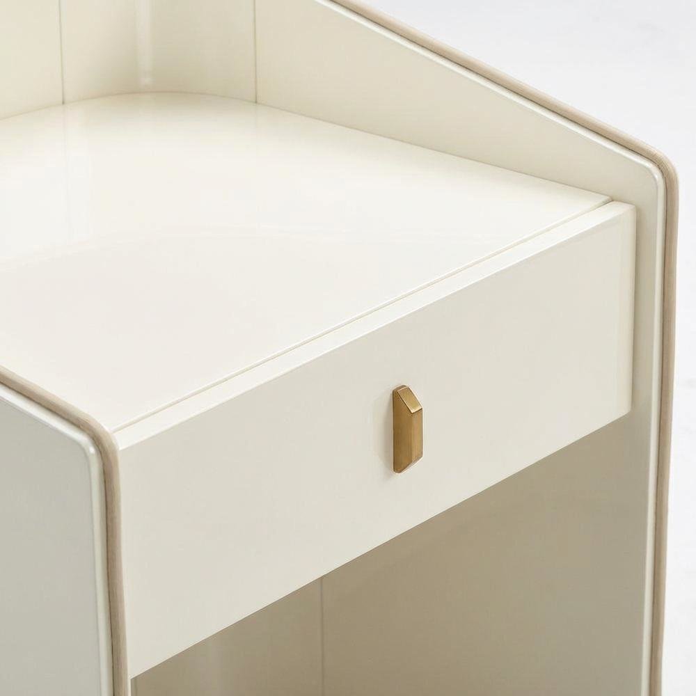Cream Lacquer Nightstand with Soft Close Drawers and Acacia Legs