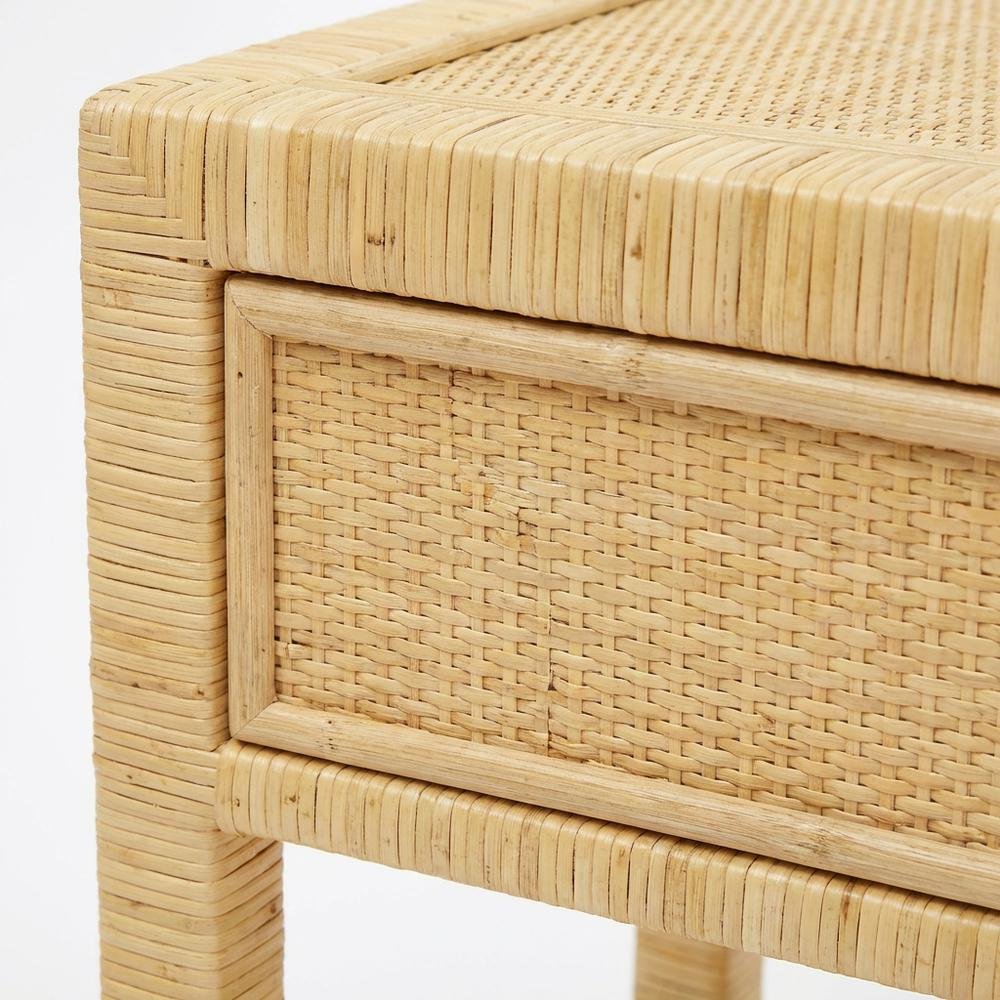Rattan Nightstand with Mahogany Legs and Storage Compartments