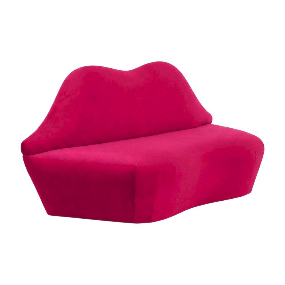 Hot Pink Velvet Loveseat With Sculpted Back, A Unique Lips Sofa Design