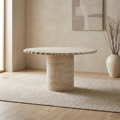 Washed Travertine Round Dining Table, Indoor Outdoor, Seats 6