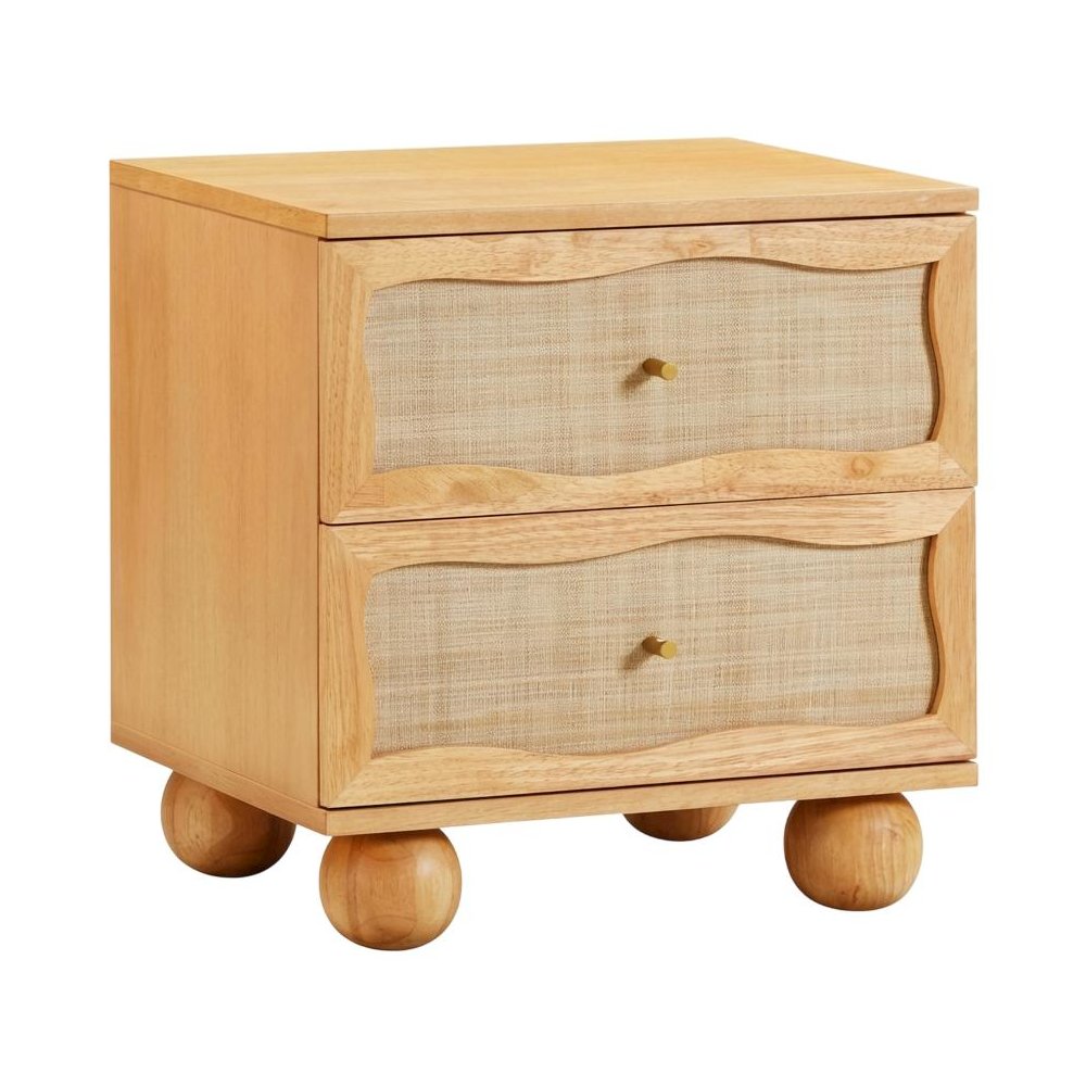 Wood and Rattan Wavy Nightstand with Soft Close Drawers