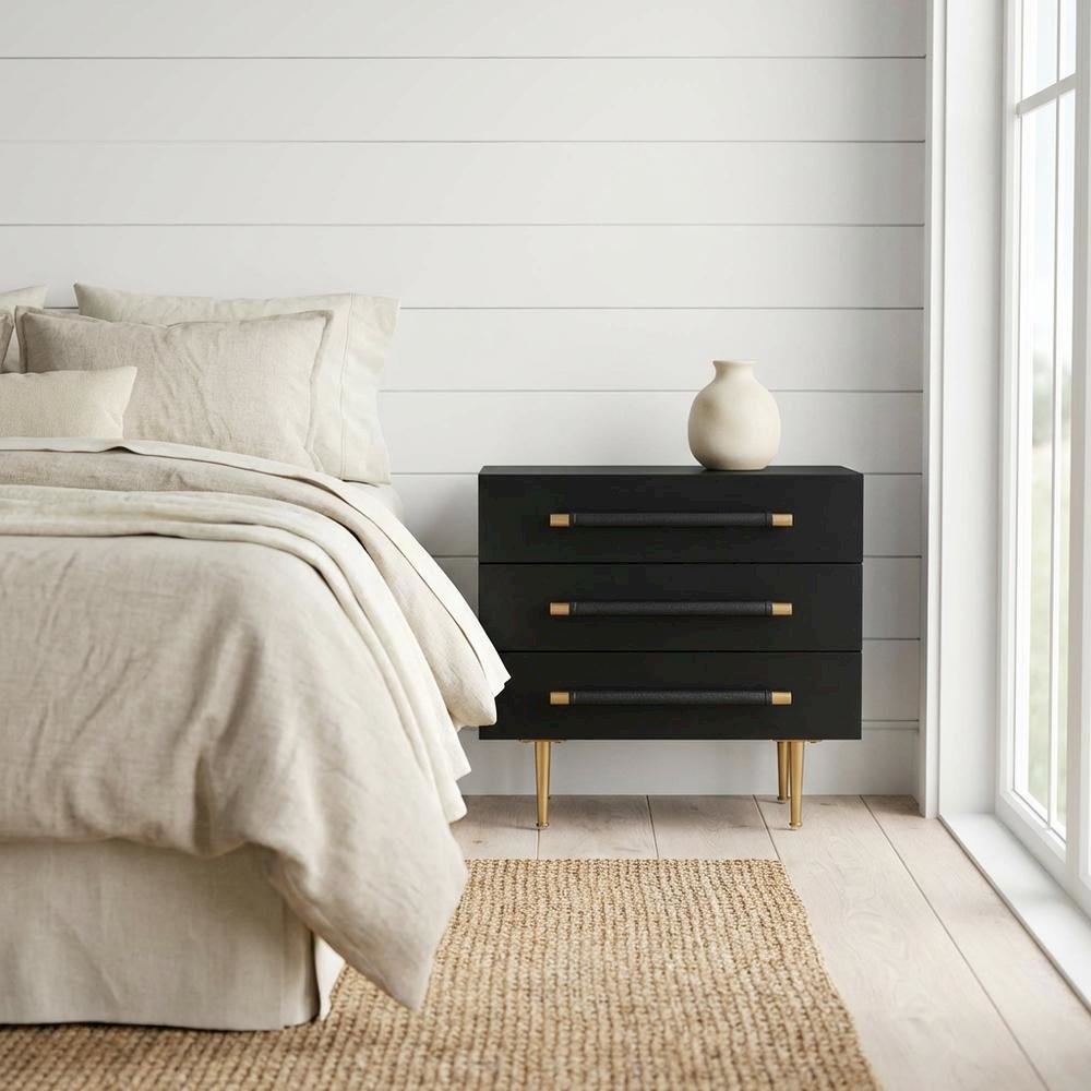 Modern black nightstand with soft-close drawers and gold iron legs