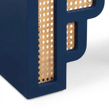 Navy & Rattan Nightstand with Soft-Close Drawers and Elegant Leg Design