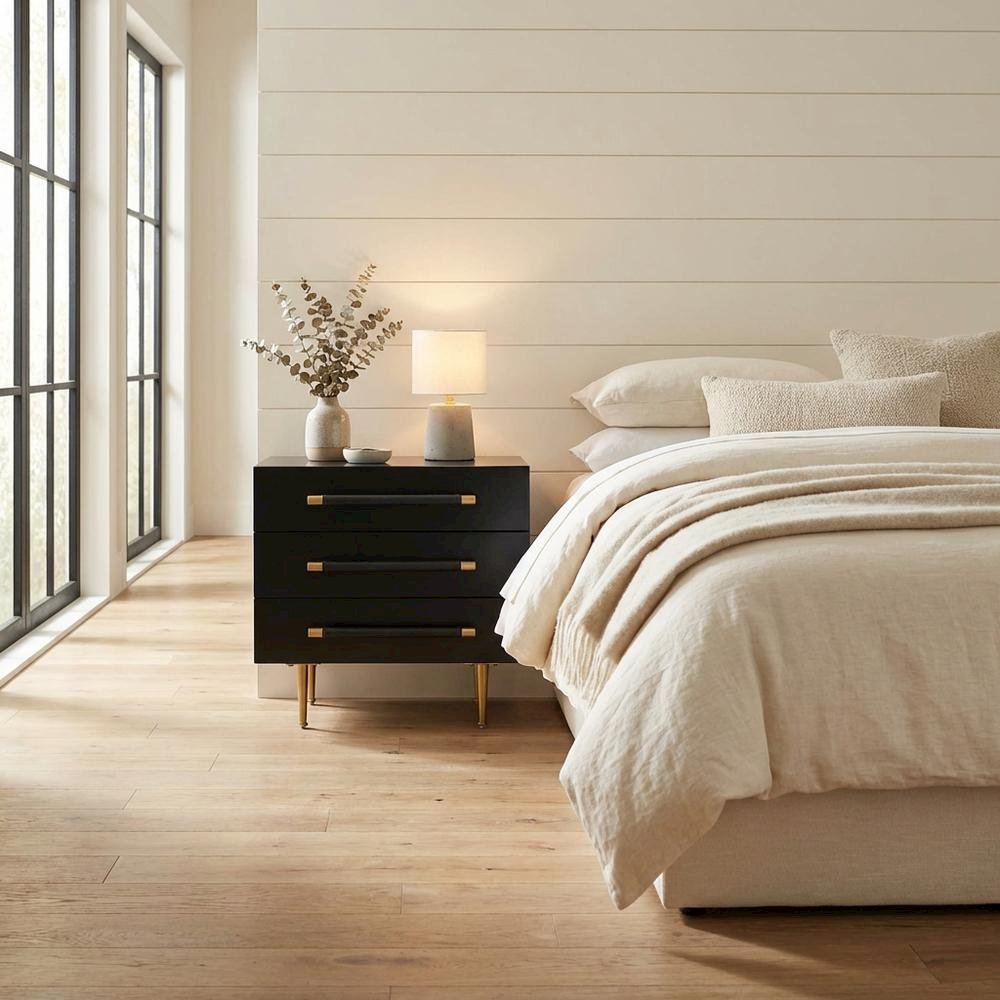 Modern black nightstand with soft-close drawers and gold iron legs