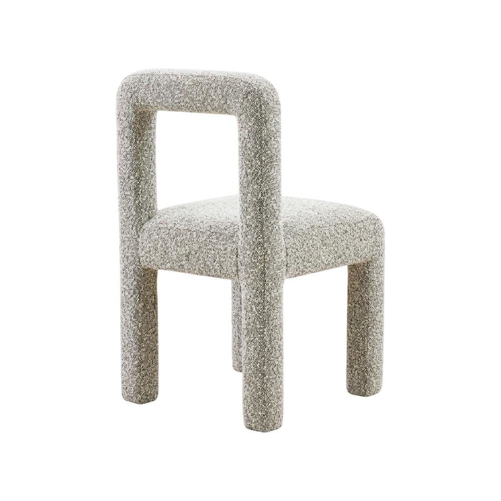 Gray boucle fabric dining chair with fiber-wrapped foam seat and plywood support