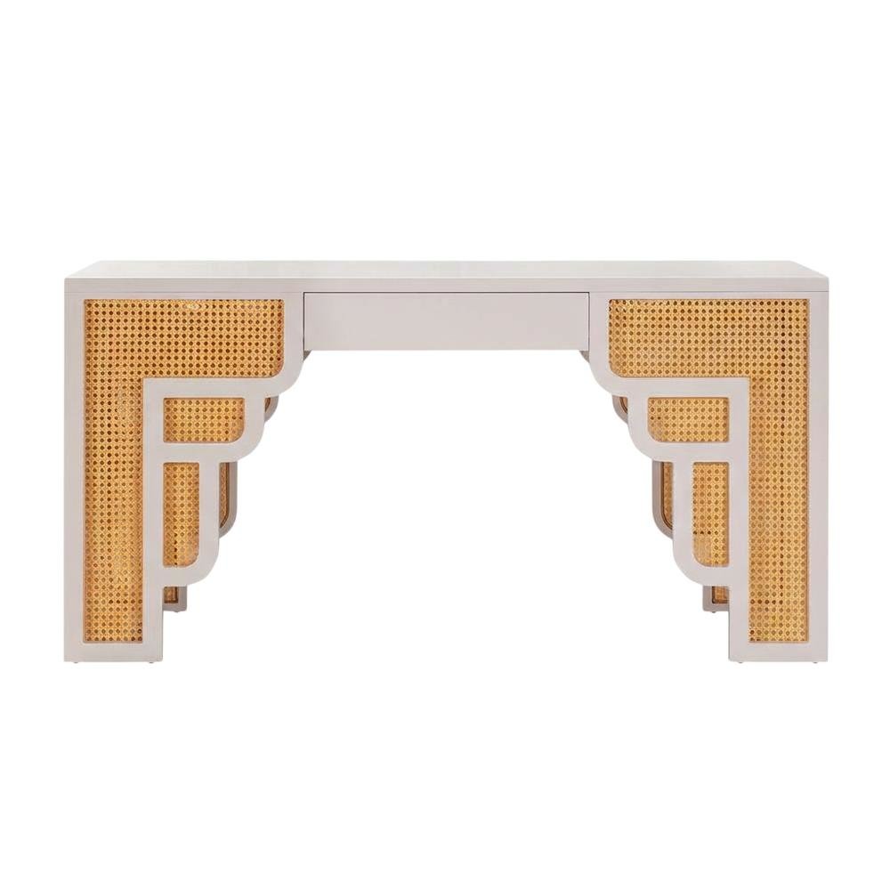Cream and Rattan Executive Desk with Adjustable Shelf and Soft-Close Drawers