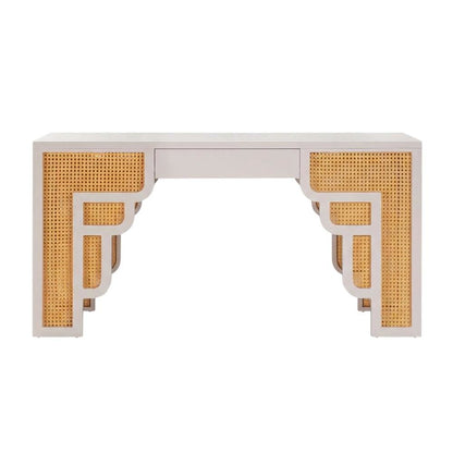 Cream and Rattan Executive Desk with Adjustable Shelf and Soft-Close Drawers