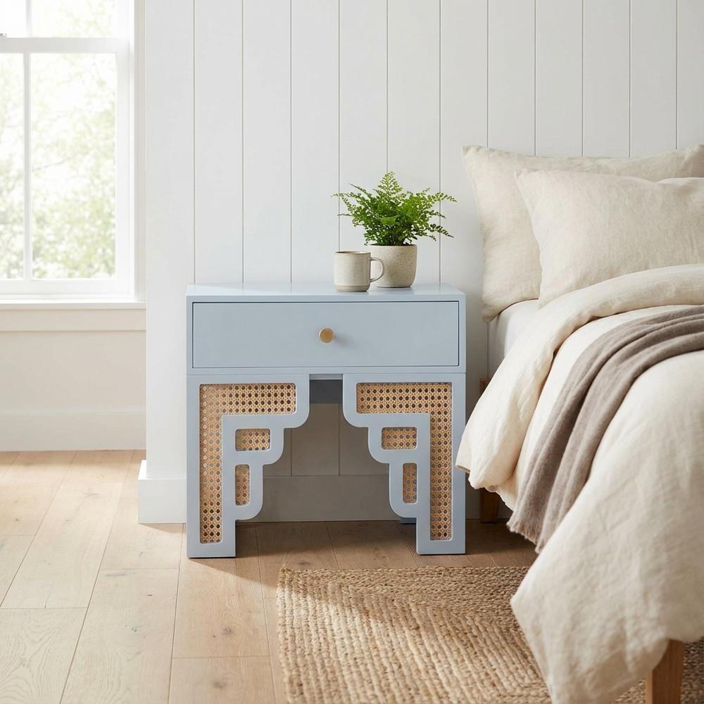 Blue Rattan Nightstand with Soft Close Drawer and Mdf Legs