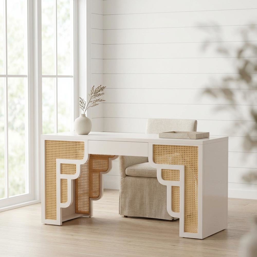Cream and Rattan Executive Desk with Adjustable Shelf and Soft-Close Drawers