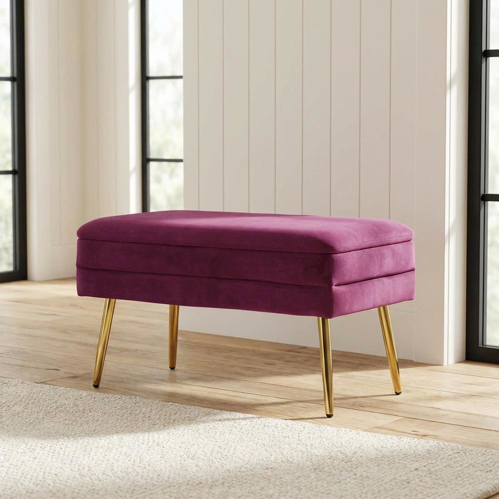 Purple Velvet Storage Bench with Gold Legs and Spacious Seating