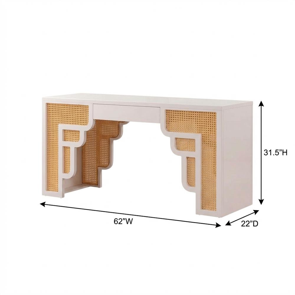 Cream and Rattan Executive Desk with Adjustable Shelf and Soft-Close Drawers