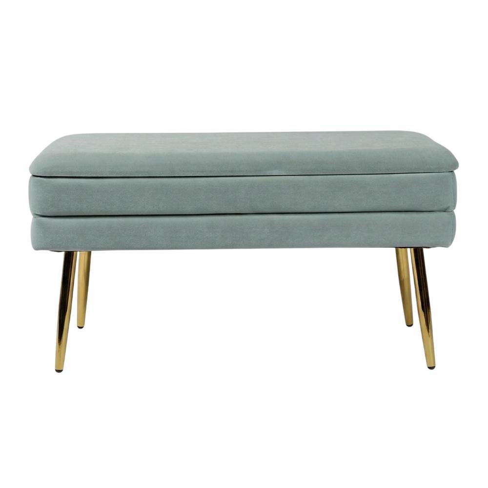 Sea Blue Velvet Storage Bench with Gold Leg Detailing for Living Room