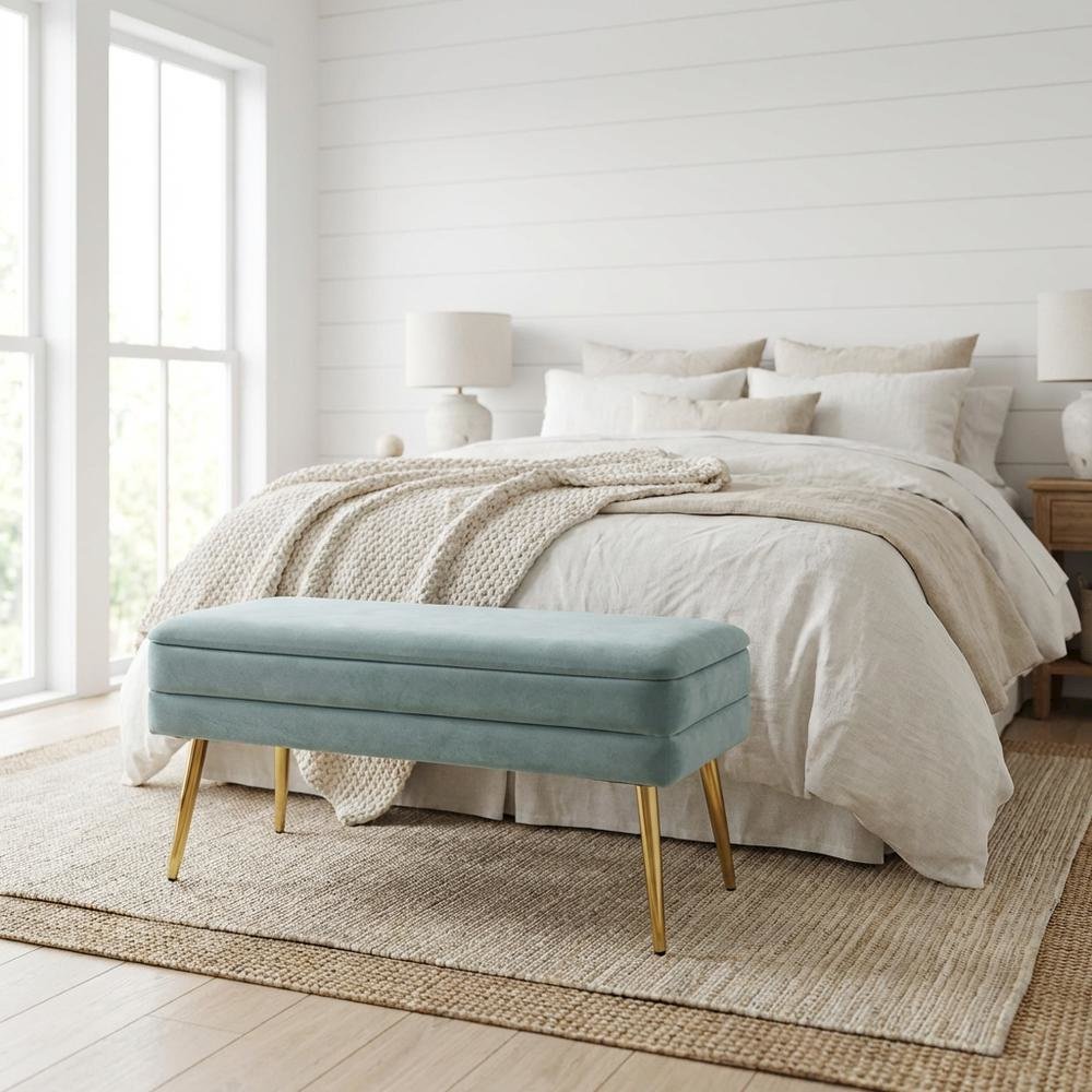 Sea Blue Velvet Storage Bench with Gold Leg Detailing for Living Room