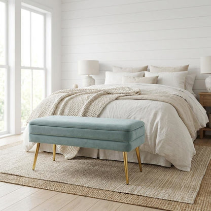 Sea Blue Velvet Storage Bench with Gold Leg Detailing for Living Room
