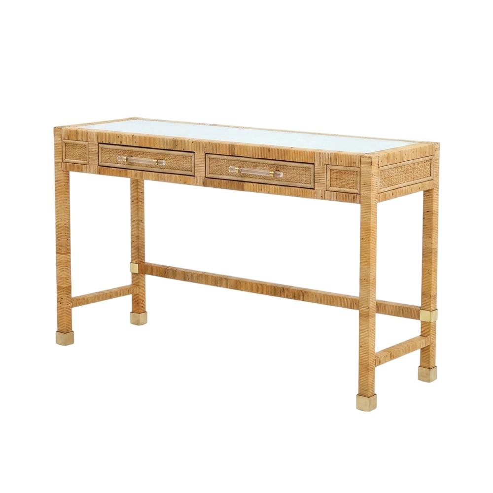 Glass Top Rattan Writing Desk With Drawers And Natural Veneer Wood Base