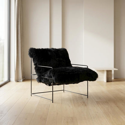 Sheepskin Accent Armchair with Black Iron Legs and PP Fiber Fill