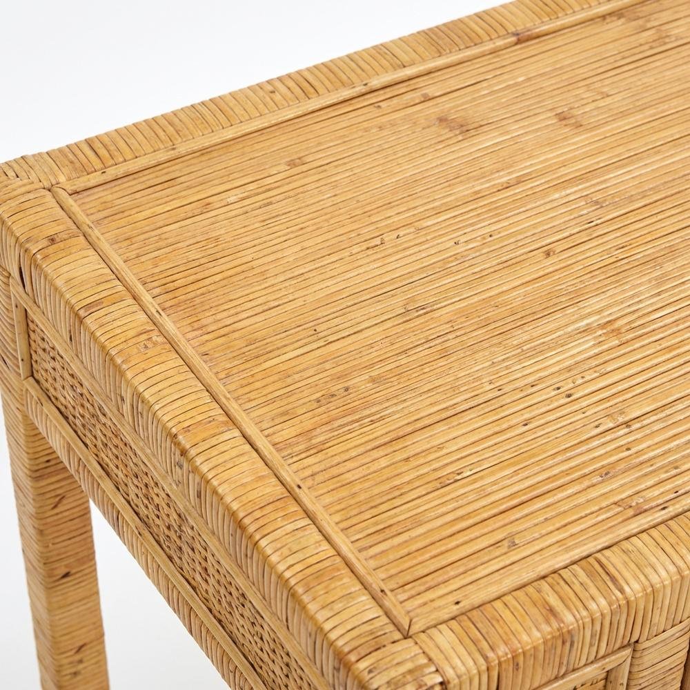 Glass Top Rattan Writing Desk With Drawers And Natural Veneer Wood Base