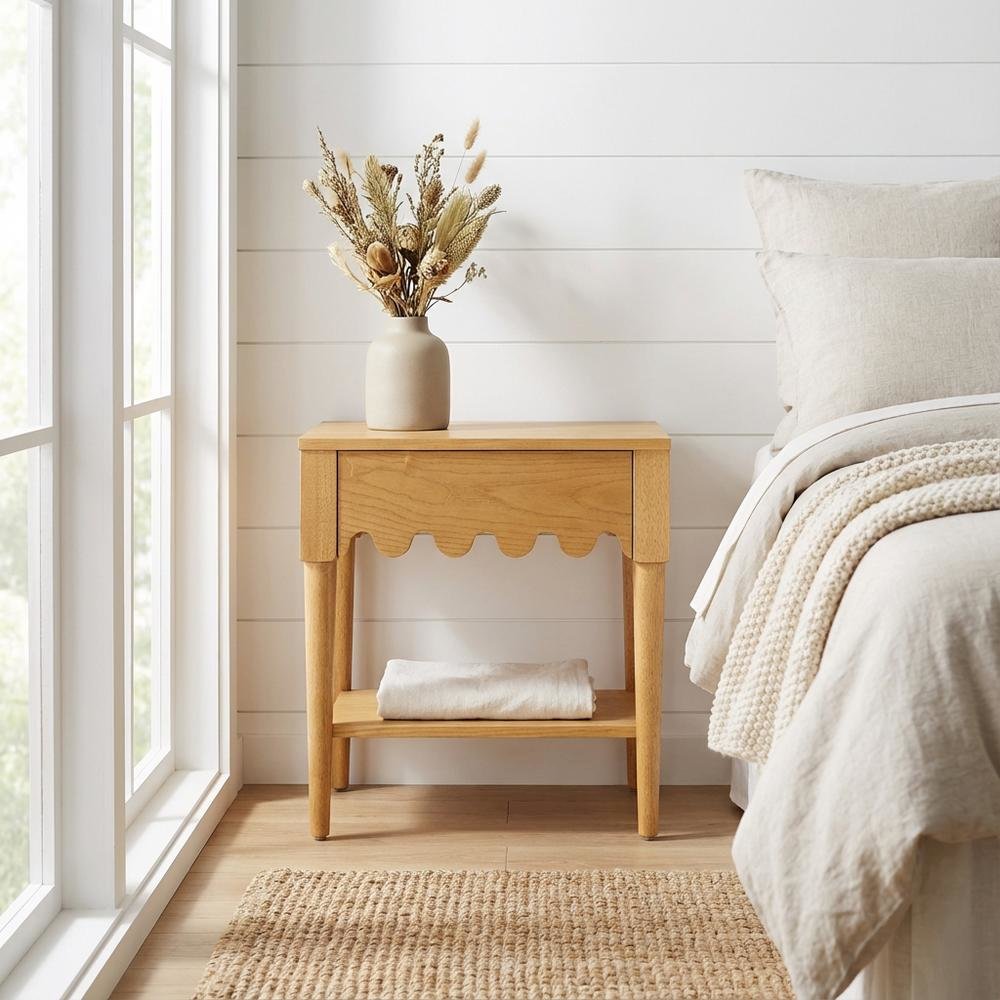 Ash Nightstand with Soft Close Drawers and Rubberwood Legs