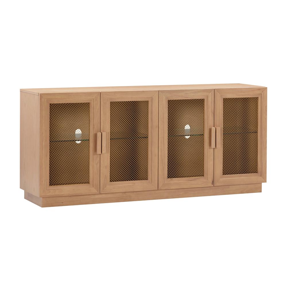 Elegant Blue Media Console Featuring Ash Veneer and Glass Shelving