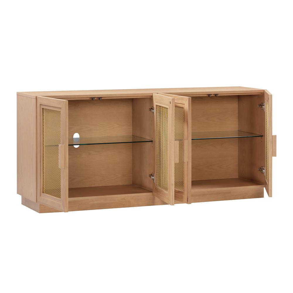 Elegant Blue Media Console Featuring Ash Veneer and Glass Shelving