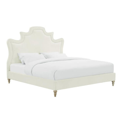 Cream Velvet Bed Frame King Size With Wood Slats And Refined Upholstered Base