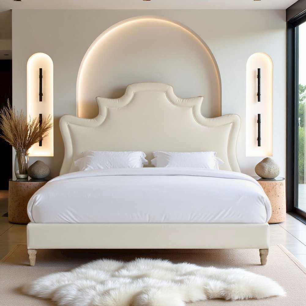 Cream Velvet Bed Frame King Size With Wood Slats And Refined Upholstered Base