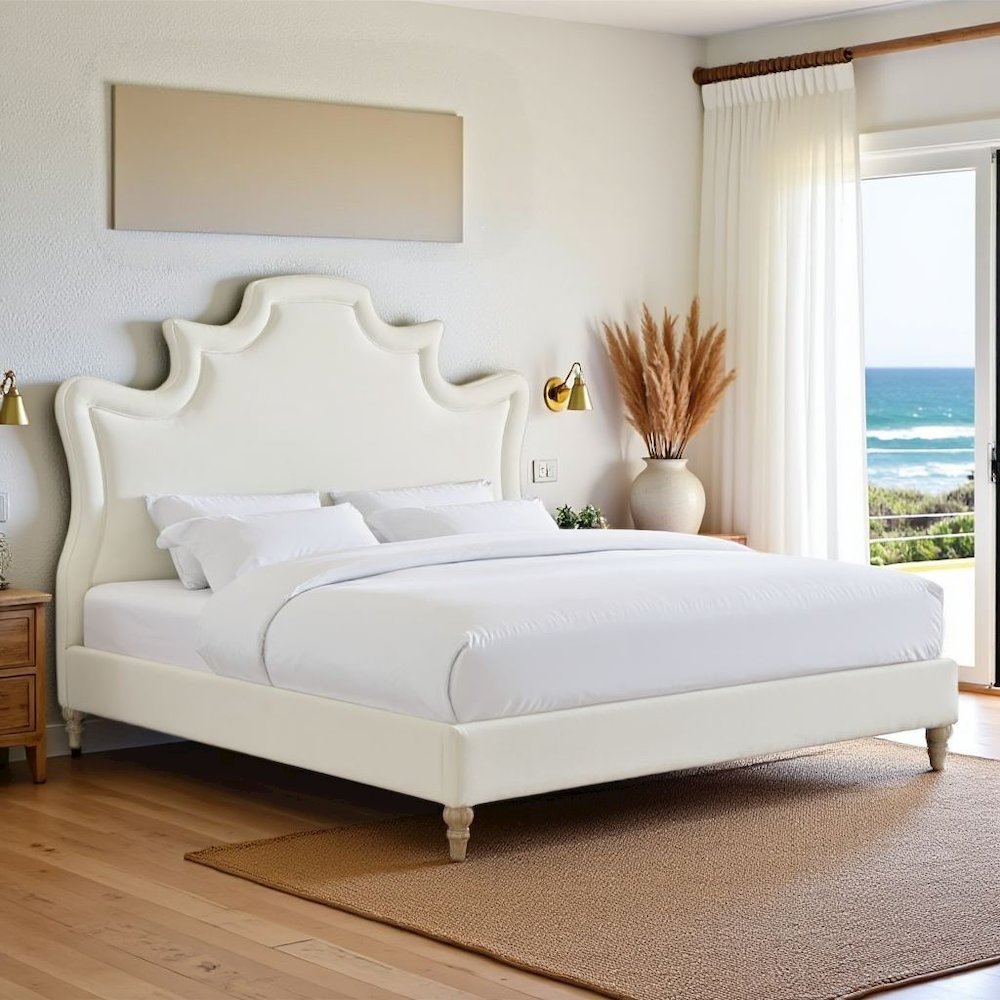 Cream Velvet Bed Frame King Size With Wood Slats And Refined Upholstered Base
