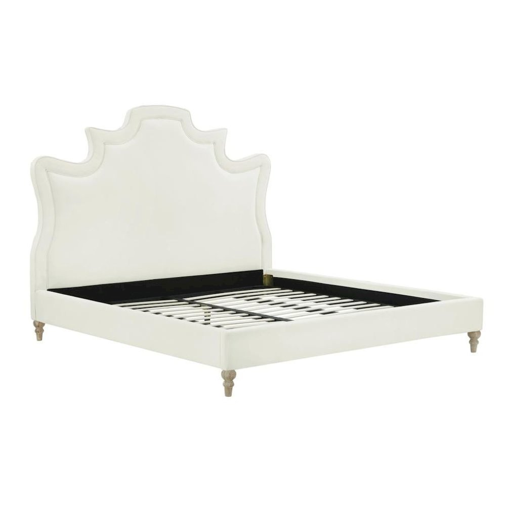 Cream Velvet Bed Frame King Size With Wood Slats And Refined Upholstered Base