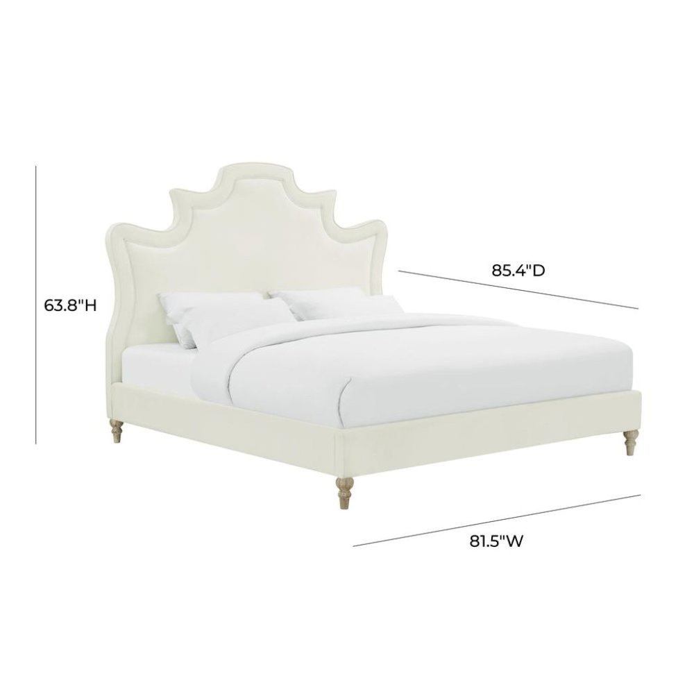 Cream Velvet Bed Frame King Size With Wood Slats And Refined Upholstered Base