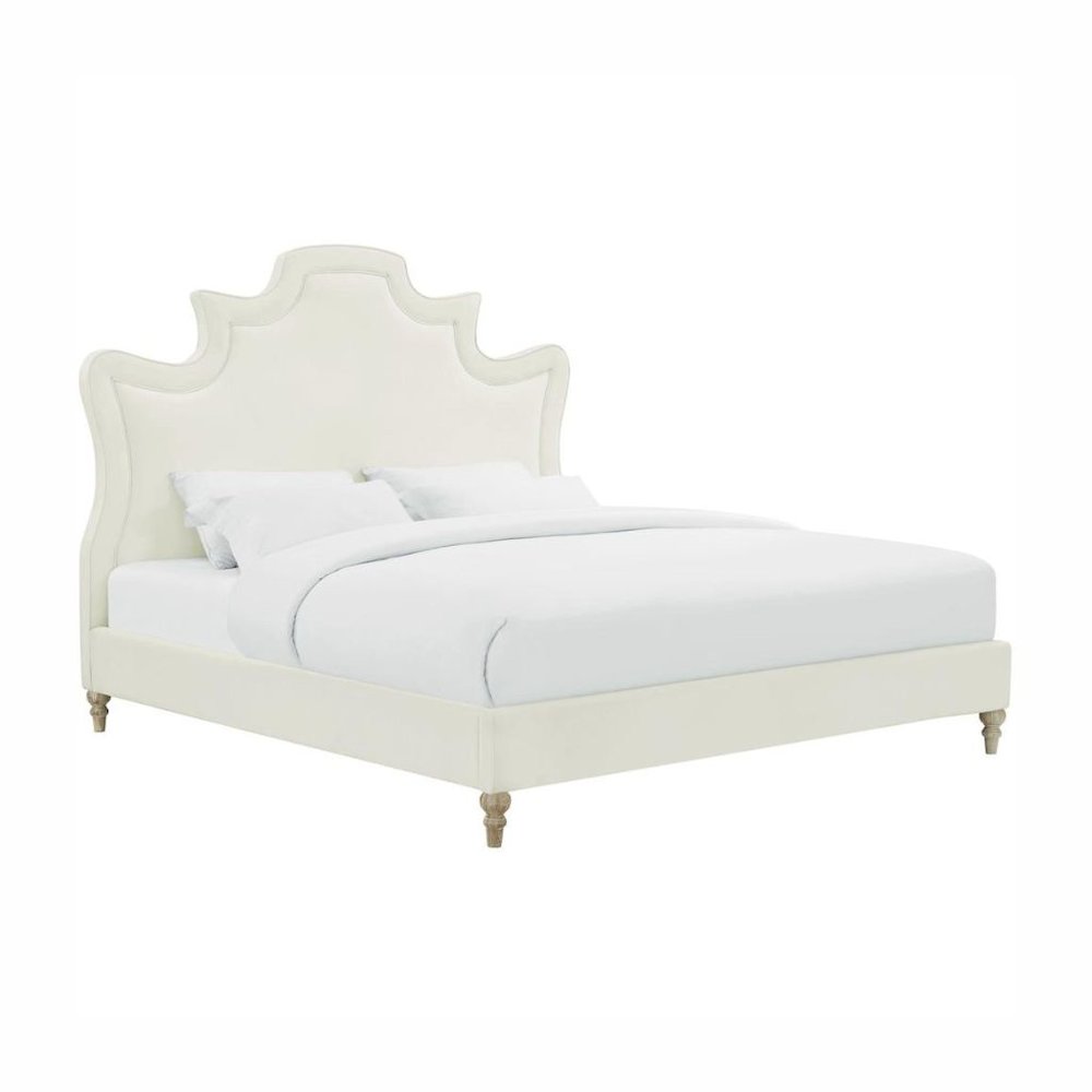 Cream Velvet Bed Frame Queen Size With Wood Slats And Upholstered Structure