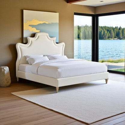 Cream Velvet Bed Frame Queen Size With Wood Slats And Upholstered Structure