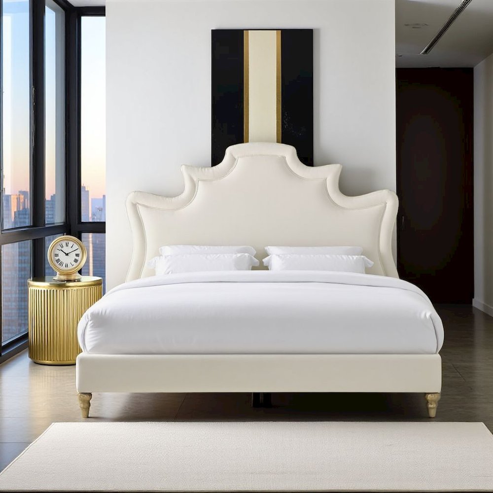 Cream Velvet Bed Frame Queen Size With Wood Slats And Upholstered Structure