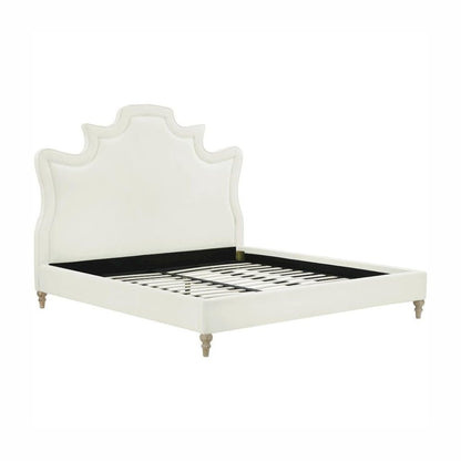 Cream Velvet Bed Frame Queen Size With Wood Slats And Upholstered Structure