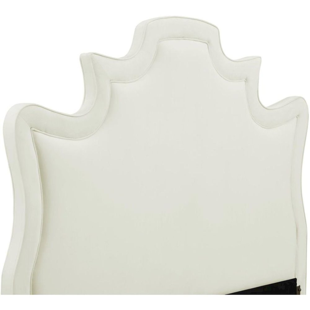Cream Velvet Bed Frame Queen Size With Wood Slats And Upholstered Structure