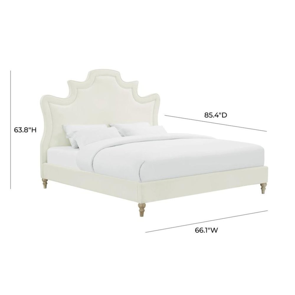 Cream Velvet Bed Frame Queen Size With Wood Slats And Upholstered Structure