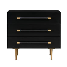Modern black nightstand with soft-close drawers and gold iron legs