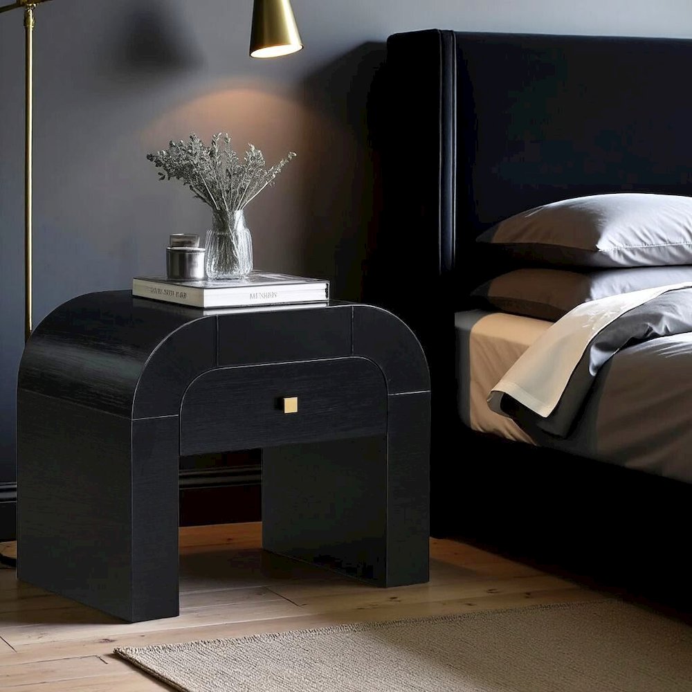 Black Nightstand With 1 Drawer And Rounded Frame, Small Bedside Table Design
