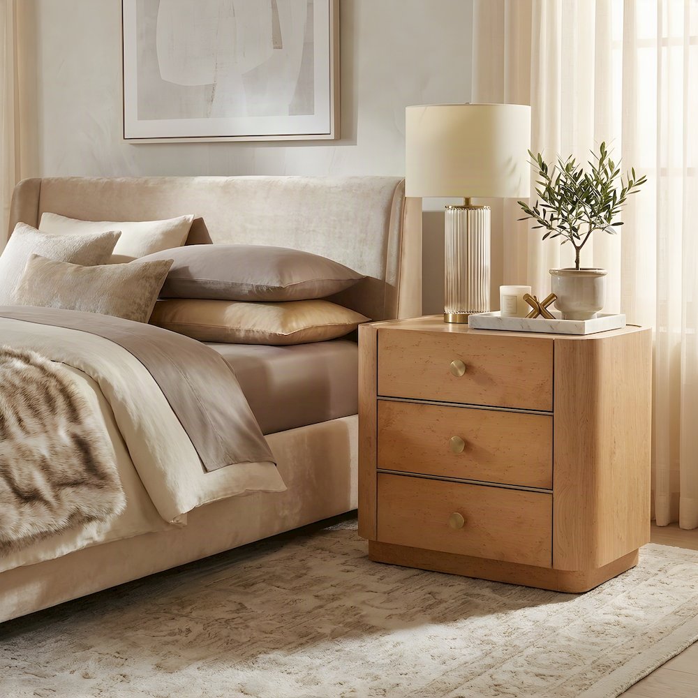 Birdseye Veneer Nightstand with Soft-Close Drawer, Bedside Table, Natural
