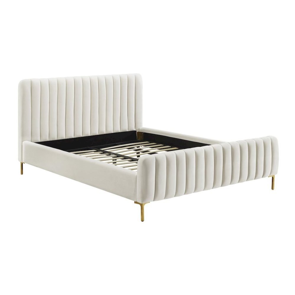 Beige Velvet Queen Bed Frame With Channel Tufting And Gold Metal Legs