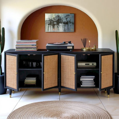 Black Rattan Cabinet With Doors And Brass Accents, A Boho Media Console