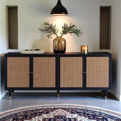 Black Rattan Cabinet With Doors And Brass Accents, A Boho Media Console