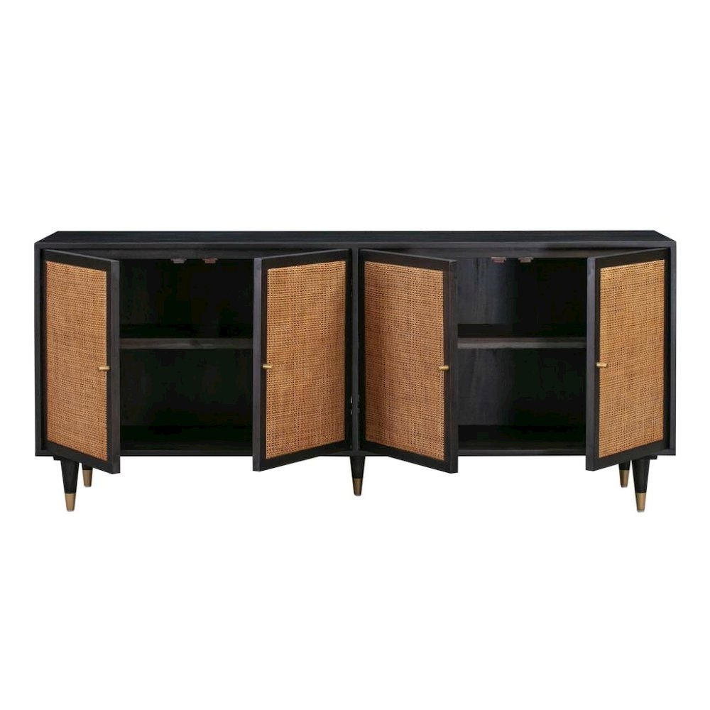 Black Rattan Cabinet With Doors And Brass Accents, A Boho Media Console