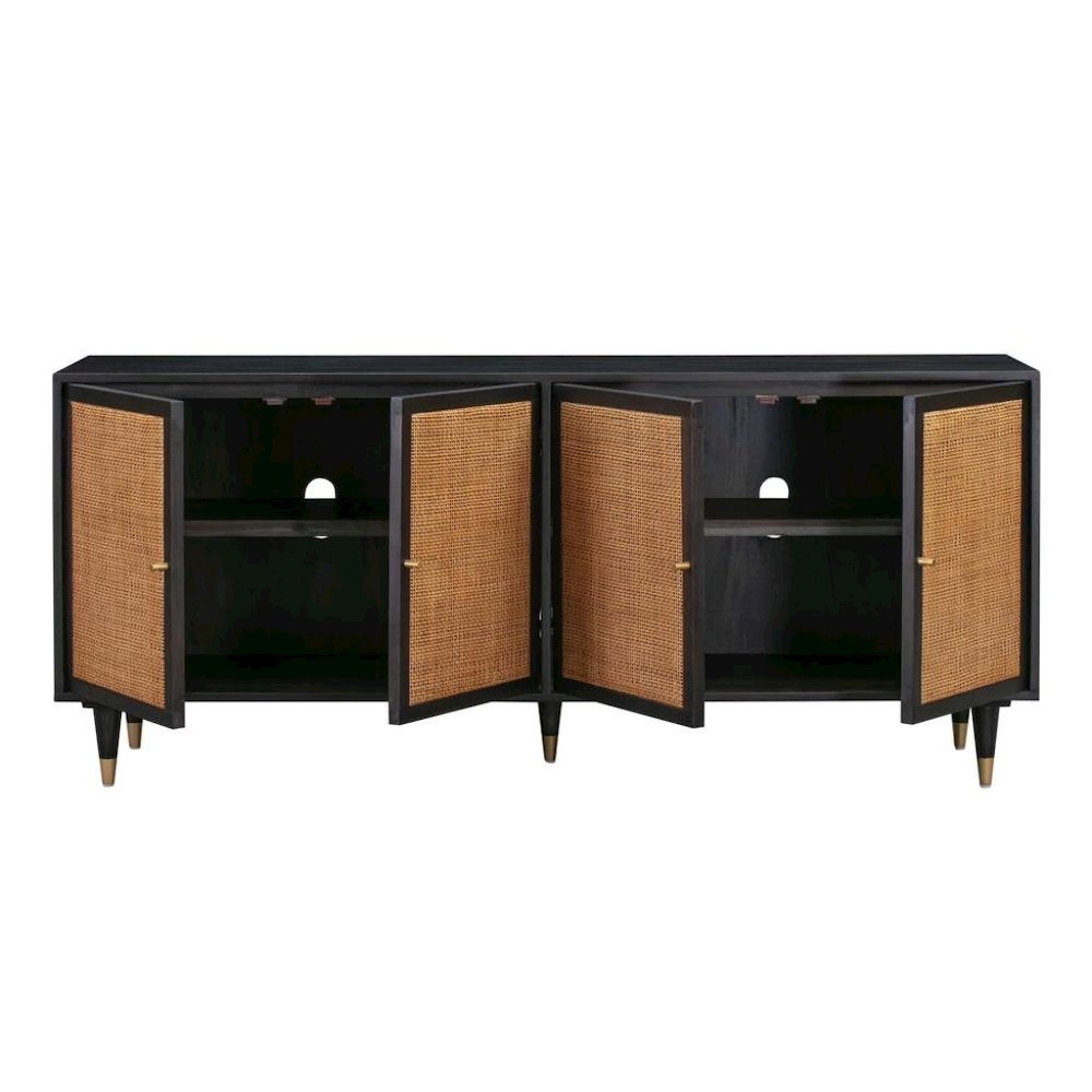 Black Rattan Cabinet With Doors And Brass Accents, A Boho Media Console