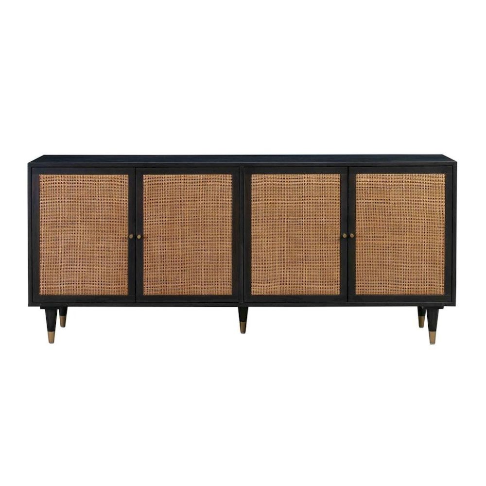 Black Rattan Cabinet With Doors And Brass Accents, A Boho Media Console